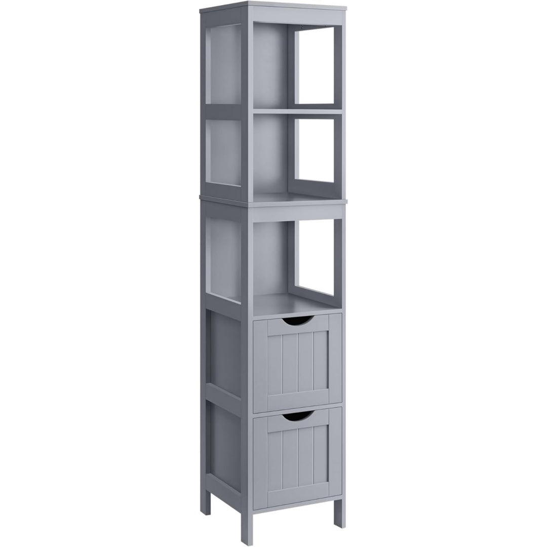 Meuble sur pied gris dote de 2 tiroirs et 3 etageres