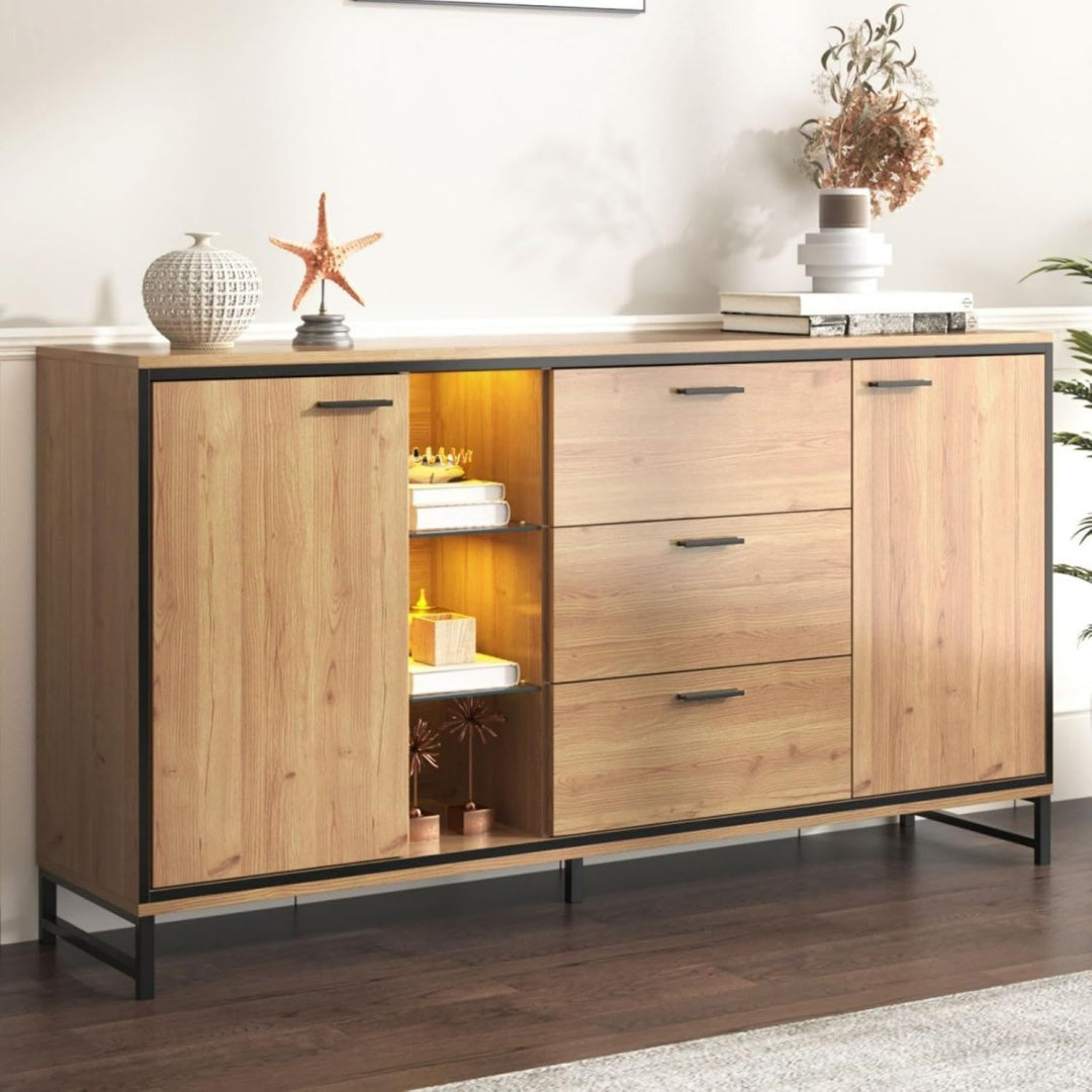 Credence beige bois ingenierie 160 cm, rangement style contemporain