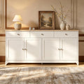 Buffet beige, structure robuste, quatre portes, trois tiroirs