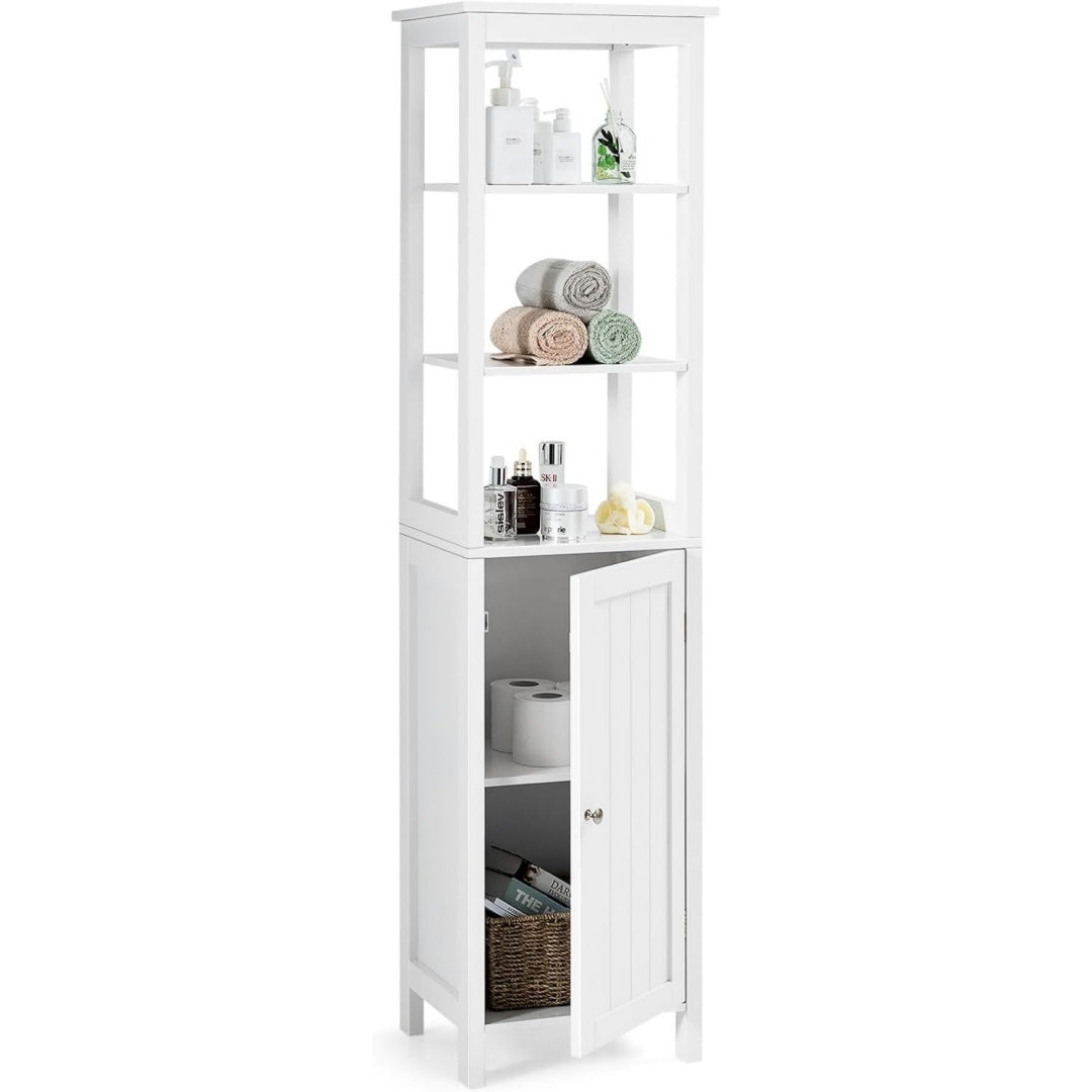 Rangement meuble colonne couleur gris clair, quatre etageres