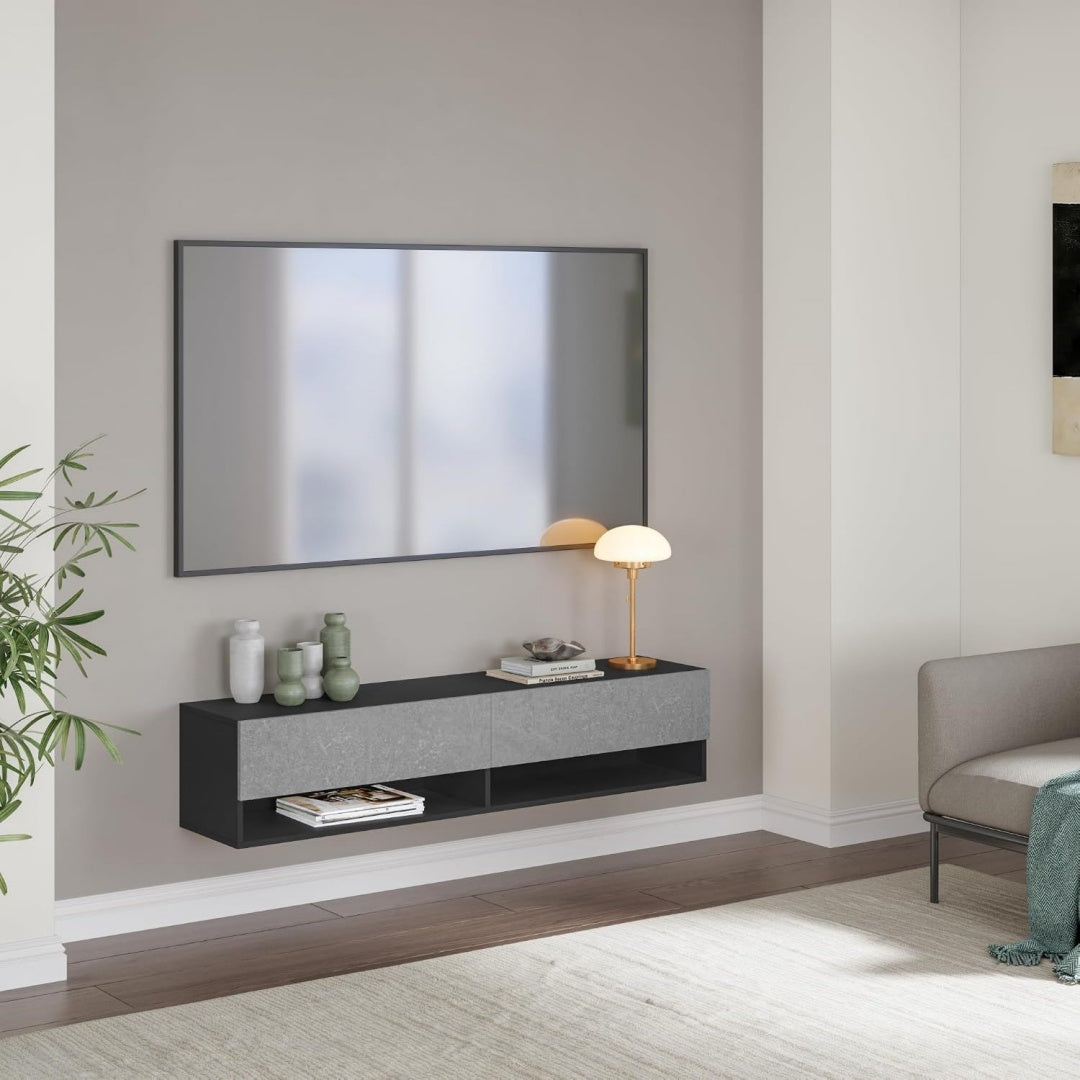 Gris meuble TV effet beton 140 x 31 x 30 cm