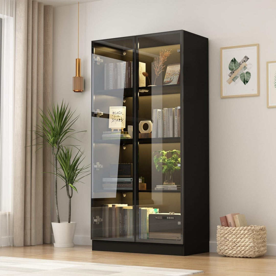 Vitrine en verre, gris clair, contemporain (80 x 40 x 160 cm)