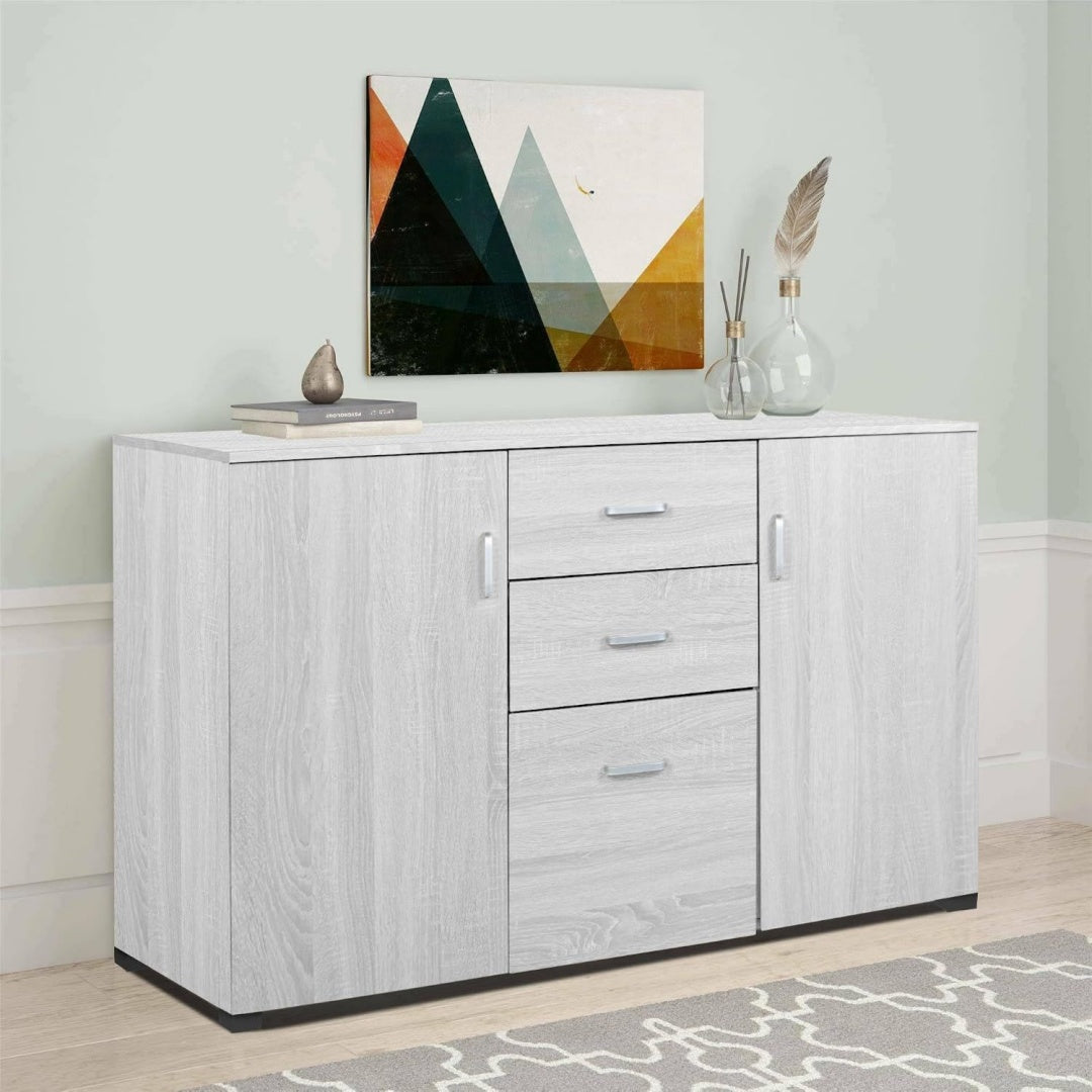 Buffet avec deux tiroirs gris clair, design contemporain, pour cuisine